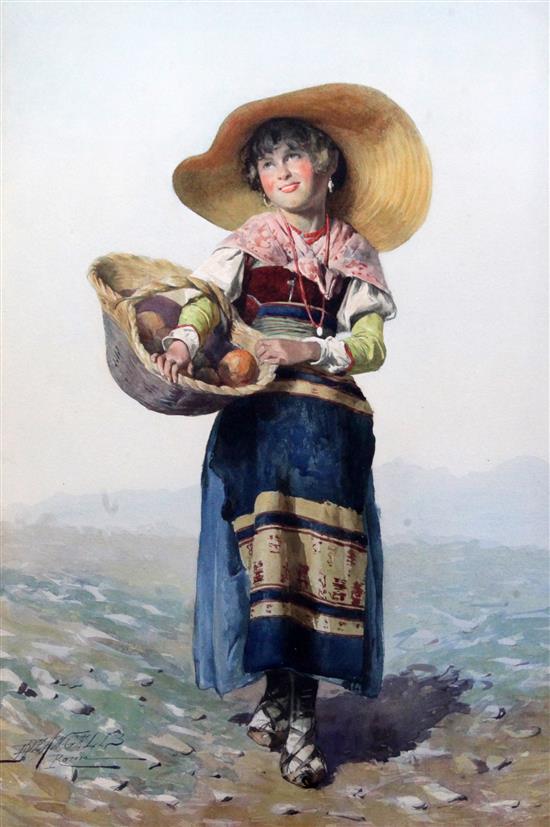 Domenico de Angelis (1852-1904) Peasant girl carrying a basket of fruit, 20 x 14in.